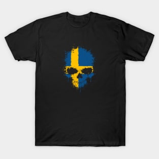 Chaotic Swedish Flag Splatter Skull T-Shirt